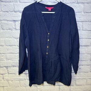 LILLY PULITZER Sarasota Linen Tunic Button Navy Blue Top XL